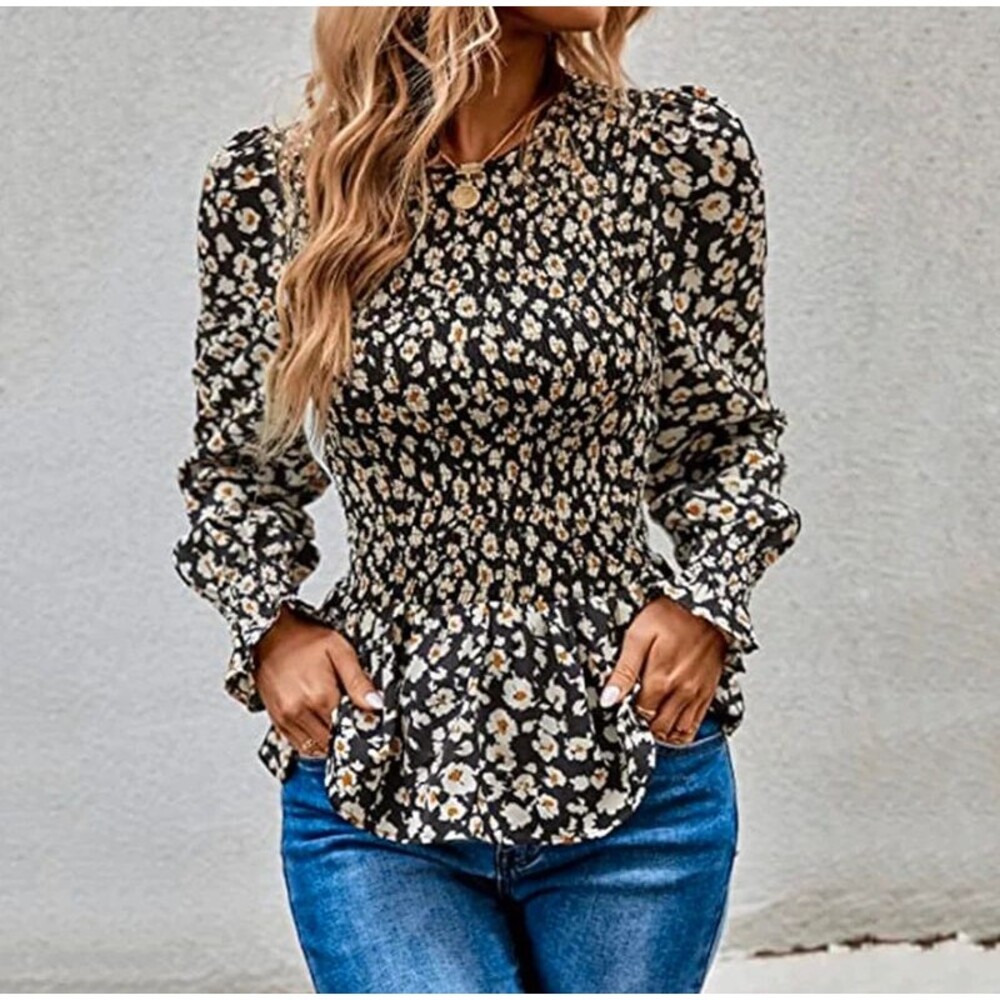 Floral Print Long Sleeve Smocked Peplum Top Blouse Womens Size Large